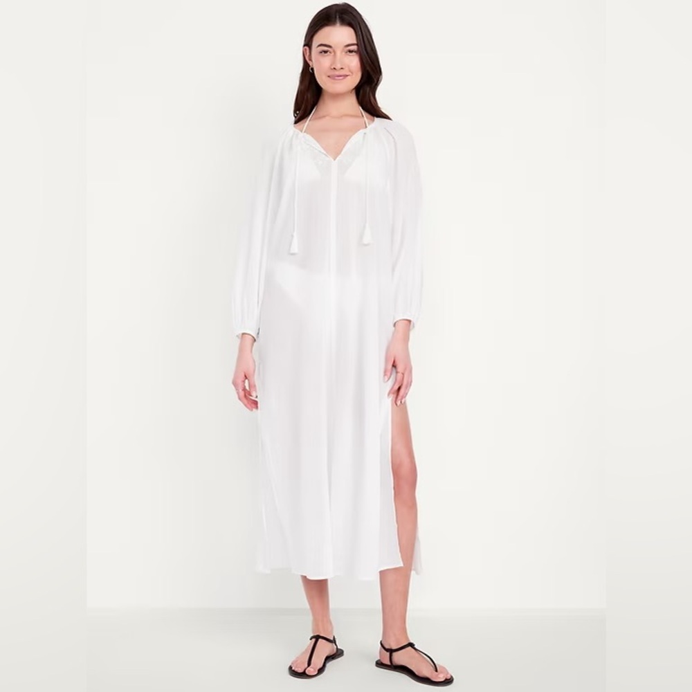 NWT! Old Navy White Lilies Long-Sleeve Gauze Kaftan - Large Petite 🍓2️⃣766932
